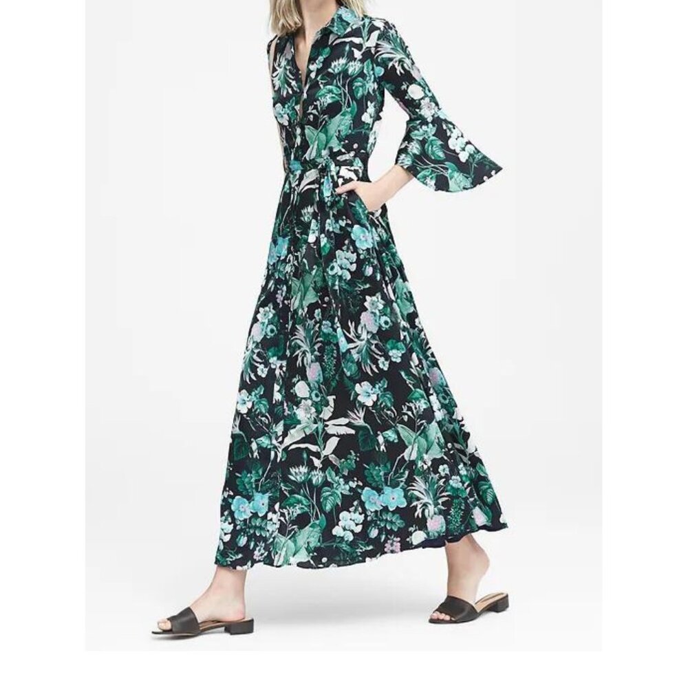 Banana Republic Botanical Print Flutter-Sleeve Maxi Shirt Dress- Size 0